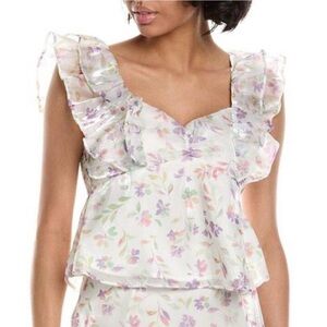 Wildfox Floral Sydney Top With Ruffles Snow White With Ombré Leaves Size M New